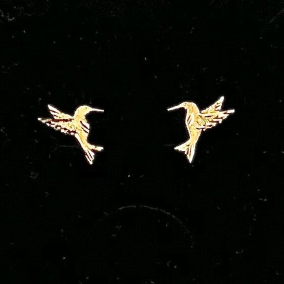 14k Yellow solid Gold Hummingbird Stud Earrings (11 X 12mm) | Gift | Real Gold | - Picture 6 of 10